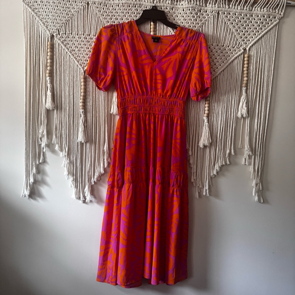 Bright Pink and Orange Midi Dress